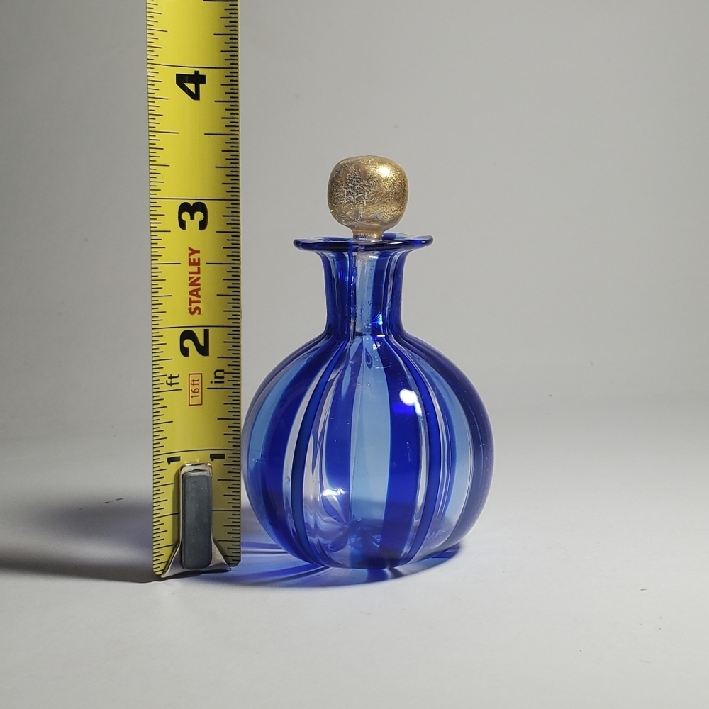 VINTAGE MURANO Glass Perfume Bottle 2 Piece Gold Top, Cobalt Blue Ribbon Strands - Picture 11 of 13